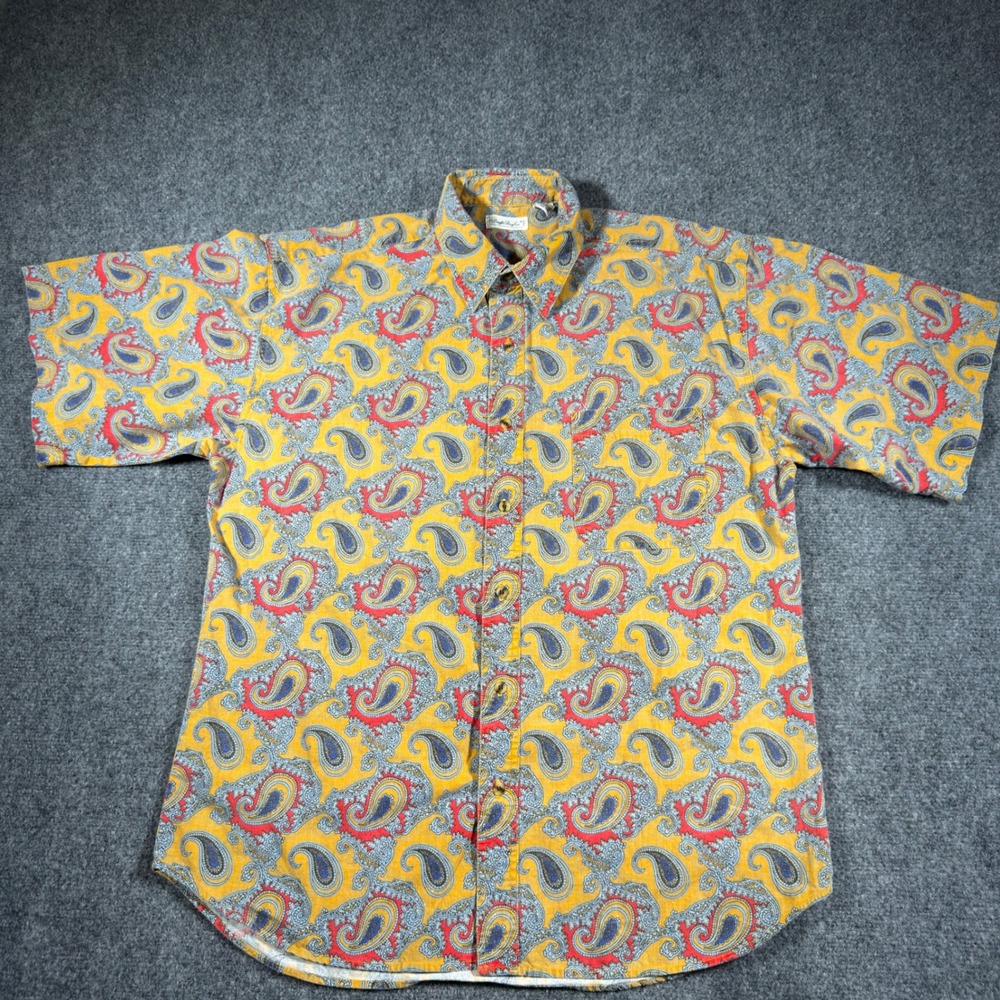 Bugle Boy Co Button Up Shirt Mens XL Yellow Blue Red Paisley Vintage